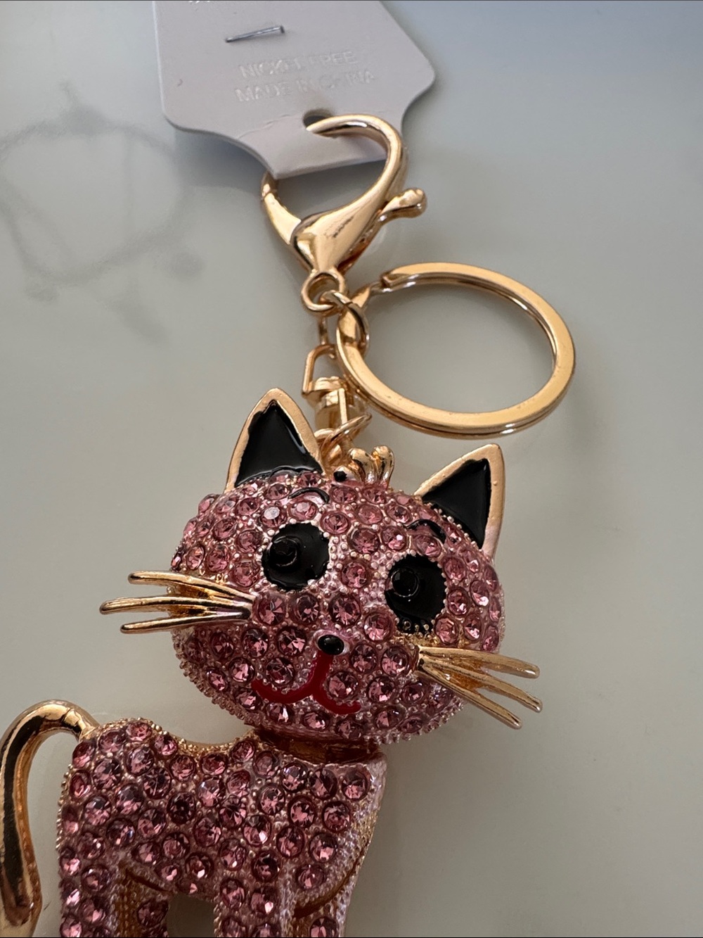 Gold Pink Crystal & Black Cat Keychain Bag Charm Sparkle Bling 4” Kitten NEW - Picture 3 of 4